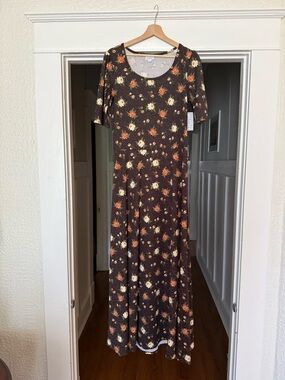 LuLaRoe Brown Maxi Dress with Cream & Orange Floral Print